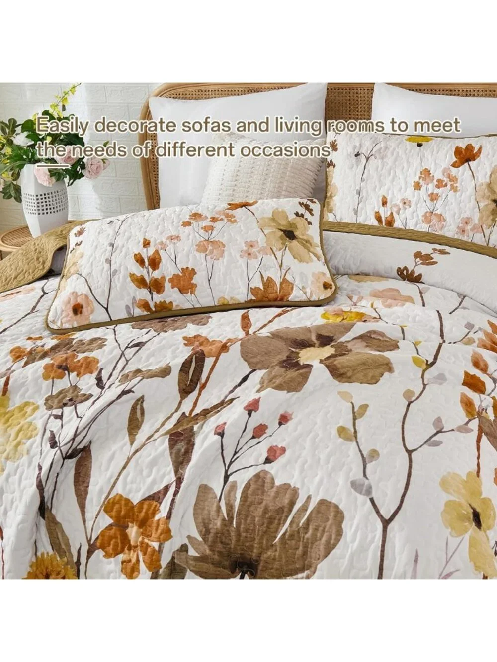 Queen Floral Quilt Set - 3 Piece Lightweight Bedspread for Cozy Fall Decor